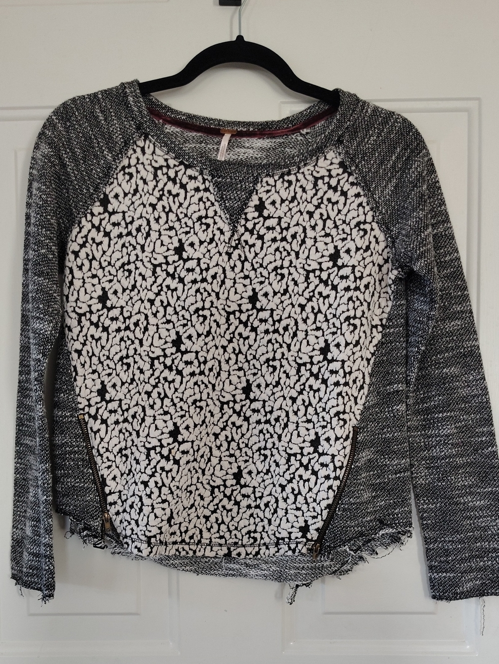 Free People Black and White Textured Animal Print Knit Top Small